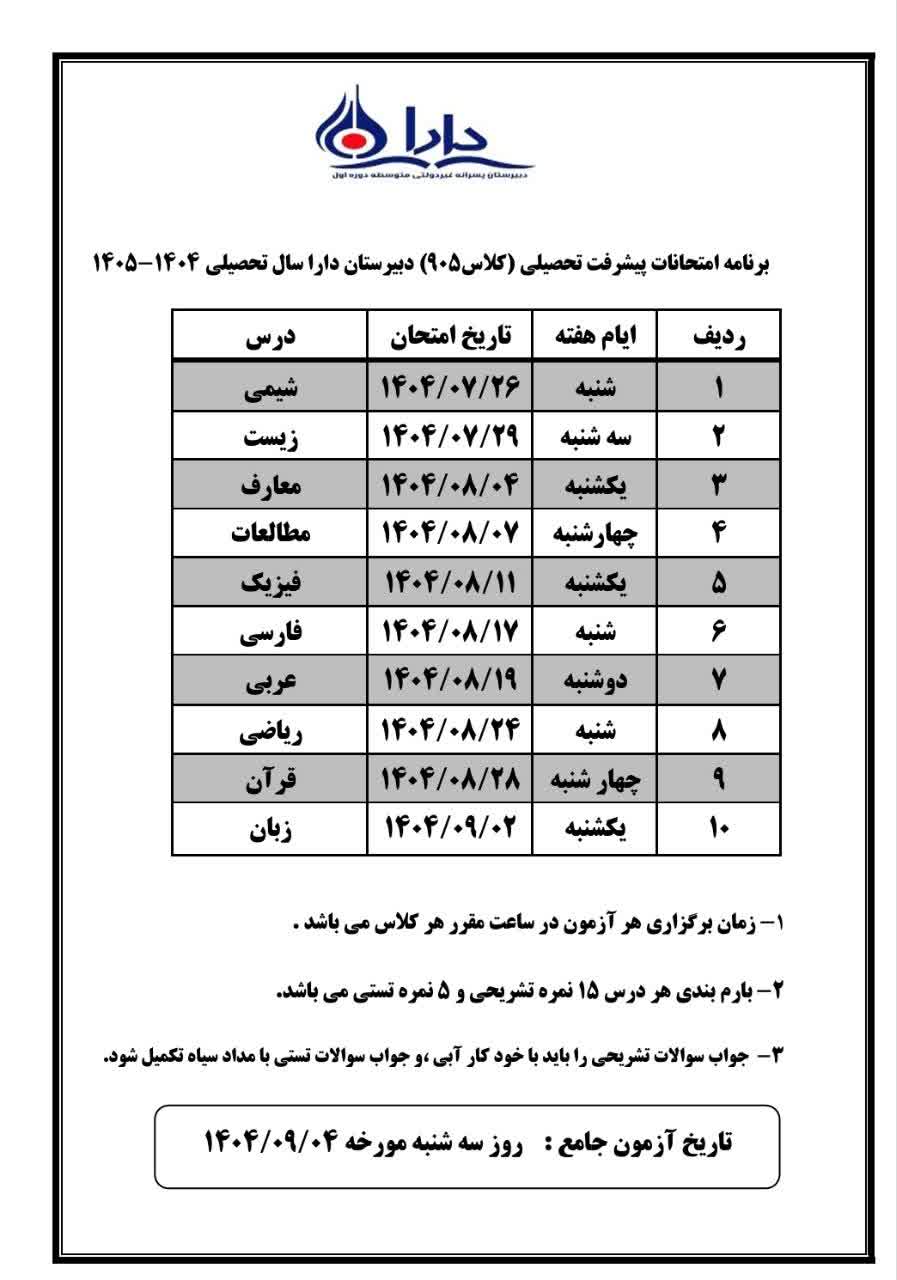 برنامه امتحانات کلاس 905
