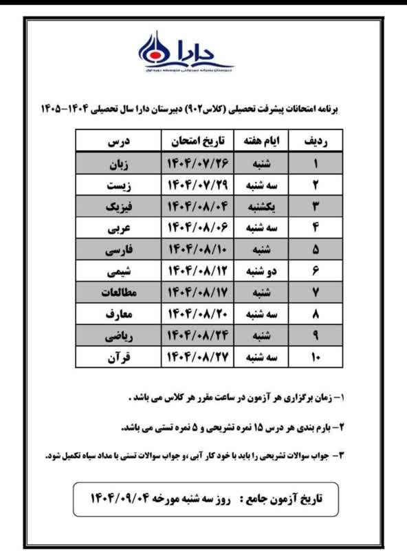 برنامه امتحانی کلاس 902