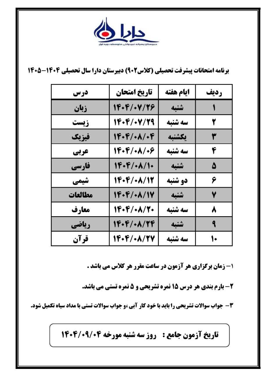 برنامه امتحانات کلاس 902